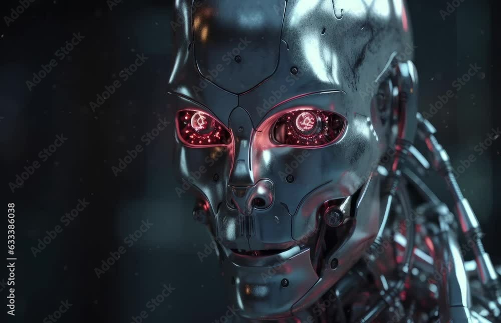 Poster a menacing robot with glowing red eyes against a dark backdrop. generative ai