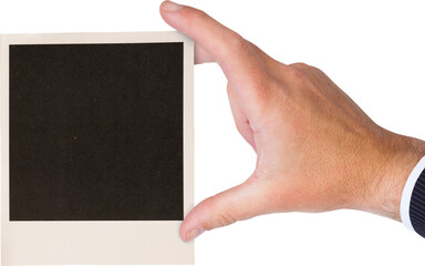 Digital png photo of man's hand holding black copy space on transparent background