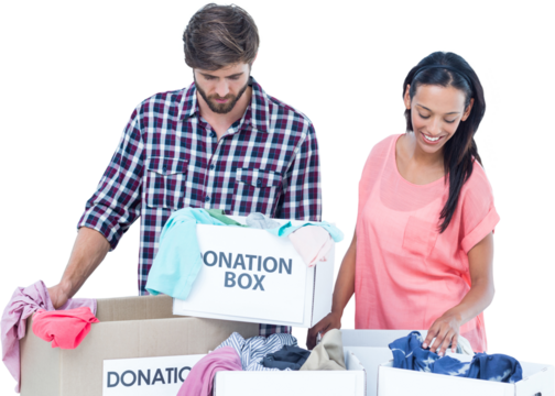 Digital png photo of happy biracial couple with donation boxes on transparent background - Powered by Adobe