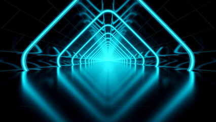 blue neon tunnel illustration on dark background 3D rendering