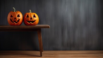 Jack lantern on the table. Halloween night. Burning candles. Halloween background.