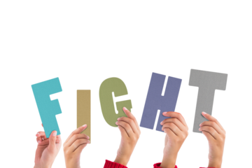 Digital png illustration of hands with fight text on transparent background