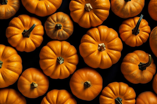 Pumpkins background, photo realistic food pattern. Pumpkins is waiting to be sold on food market. Autumn harvest, vegetable wallpaper. Thanksgiving background, orange pumpkins.