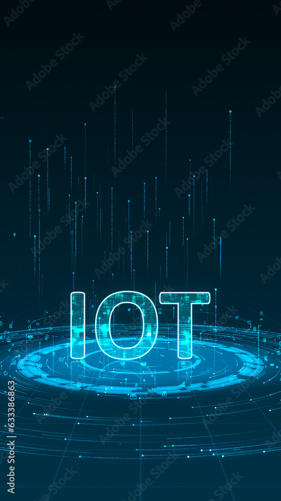 Poster blue digital iot logo with particle ring circle rotation with ai technology icon on futuristic abstr