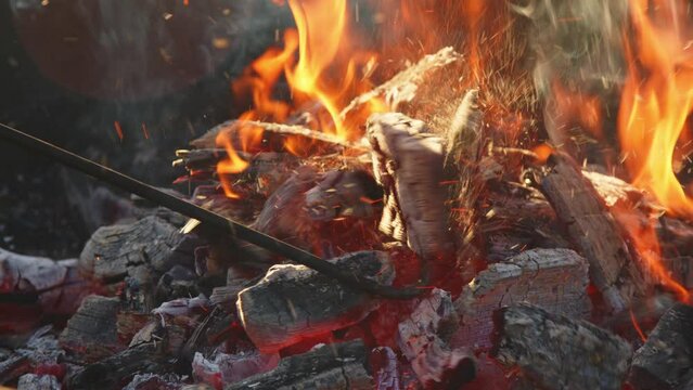 Firewood burning - slow motion video of Tongues of fire and smoke from coals in the grill