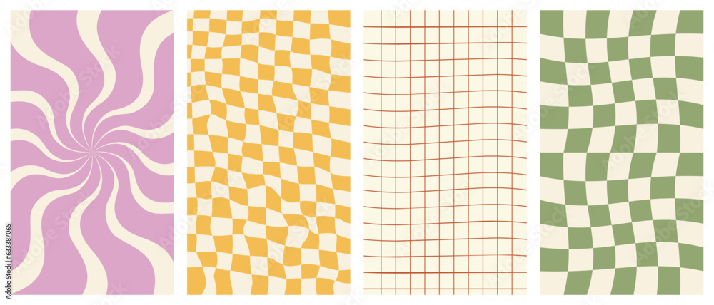 Poster groovy hippie 70s vector backgrounds set. chessboard and twisted patterns. backgrounds in trendy ret