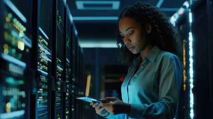 Female Data Center IT Specialist Using Tablet Computer, Turning Augmented VFX Visualization on Server Farm Cloud Computing Facility. System Engineer Working for Cyber Data Security Company