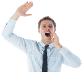 Digital png photo of caucasian businessman screaming on transparent background