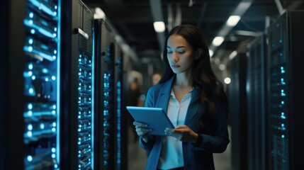 Female Data Center IT Specialist Using Tablet Computer, Turning Augmented VFX Visualization on Server Farm Cloud Computing Facility. System Engineer Working for Cyber Data Security Company