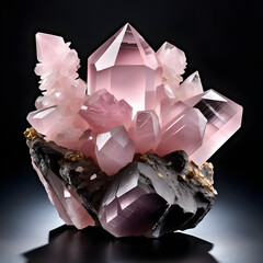 Pink Mineral Rose Quartz Crystal Structure on Dark Background. Generative AI