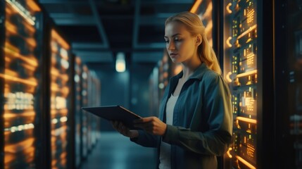 Female Data Center IT Specialist Using Tablet Computer, Turning Augmented VFX Visualization on Server Farm Cloud Computing Facility. System Engineer Working for Cyber Data Security Company