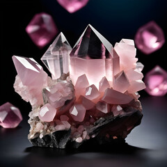 Pink Mineral Rose Quartz Crystal Structure on Dark Background. Generative AI