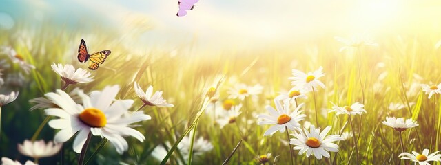 Art summer or spring morning nature background with fresh wild daisies and flying butterfly