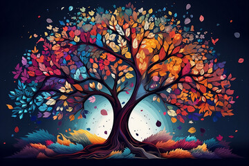 Abstract vibrant tree illustration. Tree of life. Colorful illustration, The concept of balance in life and health. Vibrant paradise sacred tree. Mythological image, philosophy of life.