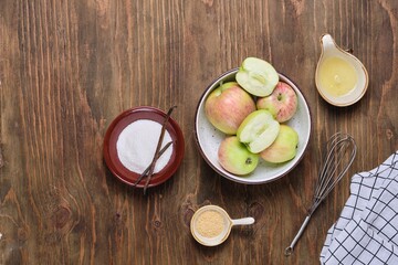 Ingredients for making airy whipped apple mousse on a brown wooden background. Desserts apples.