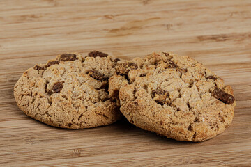 Delicious Chocolate Chip Cookies on a wooden background