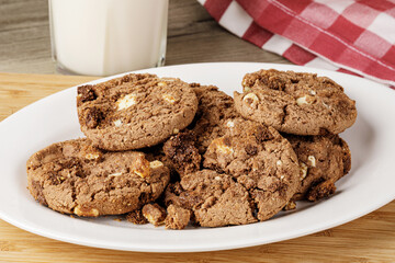 Delicious Chocolate Chip Cookies on a wooden background