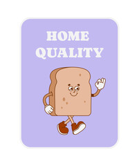 The hand-drawn retro character of the bread slice isolated on purple background. Vector illustration in trendy retro cartoon style.