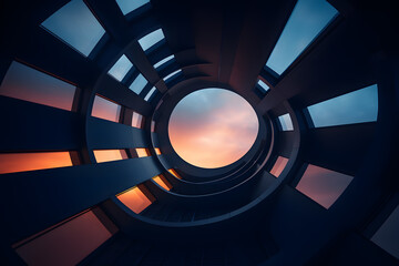 futuristic iron tunnel with view to bright sky background