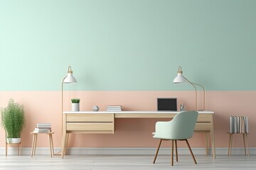 Office room with a two tone pastel background and a mockup wall.