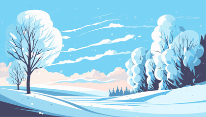 Winter road in the forest. Winter landscape. Vector flat illustration.  - obrazy, fototapety, plakaty