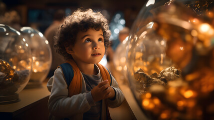 Curious smiling lovely child exploring a museum exhibit with wide eyes of wonder - obrazy, fototapety, plakaty