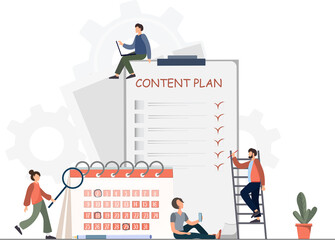 People planning campaign for social media, content plan concept, strategy planning, promotion for social media, people near calendar and note pad,