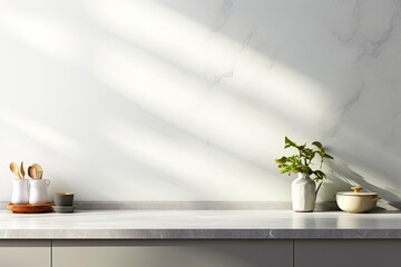A backdrop of a gray wall with beautiful sunlight shining through a window casts a shadow on an empty, shiny marble kitchen countertop. The mockup provides a perfect display for products, creating a