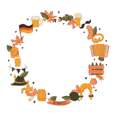 Round frame. Bavarian beer festival for greeting card, invitation, banner, poster, pack, sticker, glass. Oktoberfest design elements. All objects are separated. Vector illustration