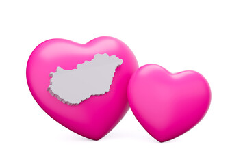 3d Shiny Pink Hearts With 3d White Map Of Hungary Isolated On White Background, 3d illustration