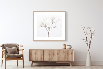 A beautiful living room interior comes to life with the addition of a mockup poster frame, allowing for personalization and creativity. The space is adorned with a stylish wooden sideboard, providing