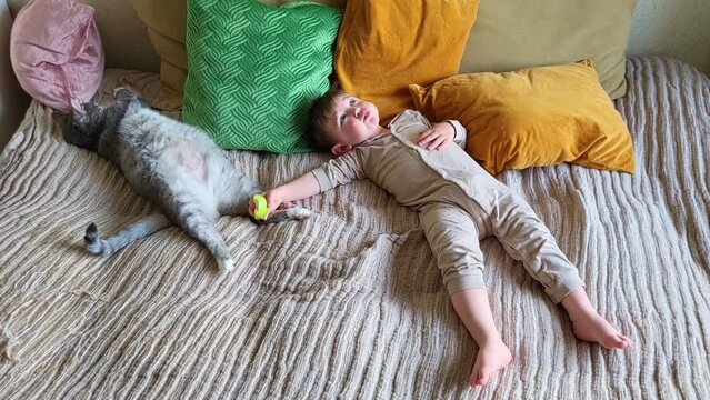 The toddler baby eat apple fruit lying on the couch wits cat
