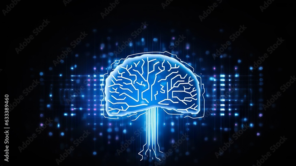 Poster smart glowing brain on blue abstract digital binary