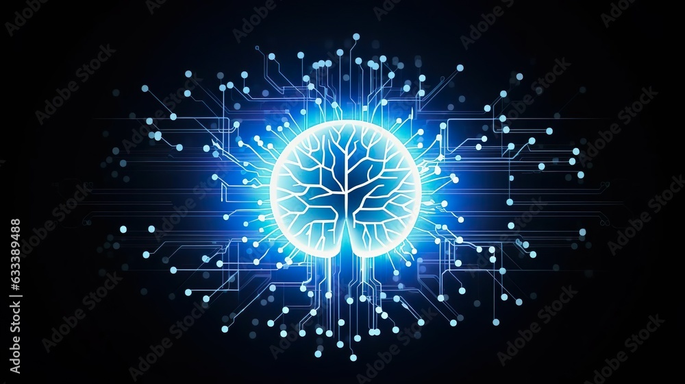 Poster smart glowing brain on blue abstract digital binary