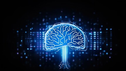 Smart glowing brain on blue abstract digital binary
