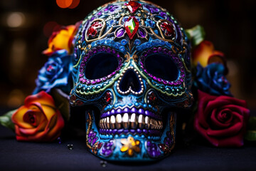 Skull adorned with jewels and ornate decorations, Day of the Dead, Skull Generative AI