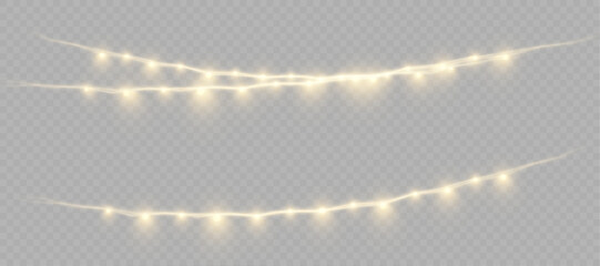 Christmas lights isolated on transparent background. Set of golden Christmas glowing garlands with sparks. For congratulations, invitations and advertising design. Vector	
