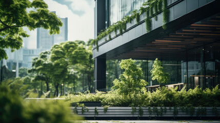 Green eco-friendly building with plants and trees. Created with Generative AI technology.