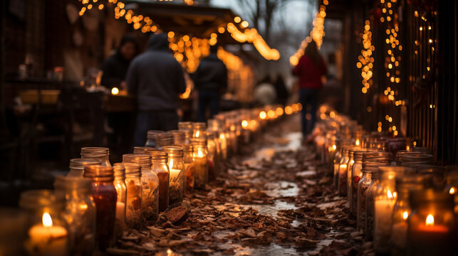 Candlelit pathway leading to an altar with photos of loved ones, Day of the Dead Generative AI