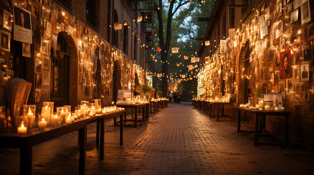 Candlelit pathway leading to an altar with photos of loved ones, Day of the Dead Generative AI