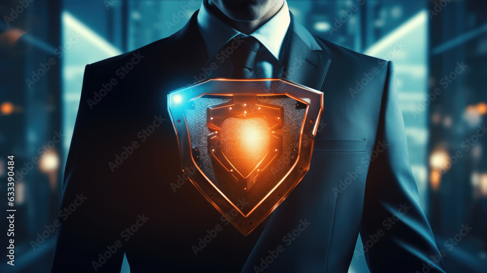 Aufkleber data protection and network security concept. glowing light shield on business man hand for internet