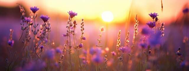 Art Wild flowers in a meadow at sunset. Macro image, shallow depth of field. Abstract august summer...