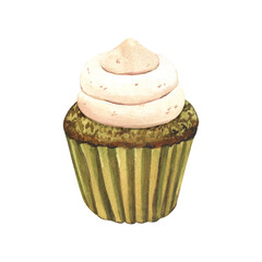 Watercolor dessert muffin with cream, green tea cupcake organic Japanese matcha. Hand-drawn illustration isolated on white background. Perfect food menu, food drawing, design packing, print
