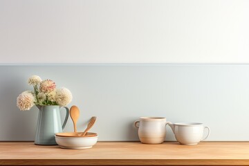 A simple and comfortable mockup design for product presentation background or branding, featuring a bright wooden top, a white counter, and a wall adorned with a vase, flowers, mugs, and various
