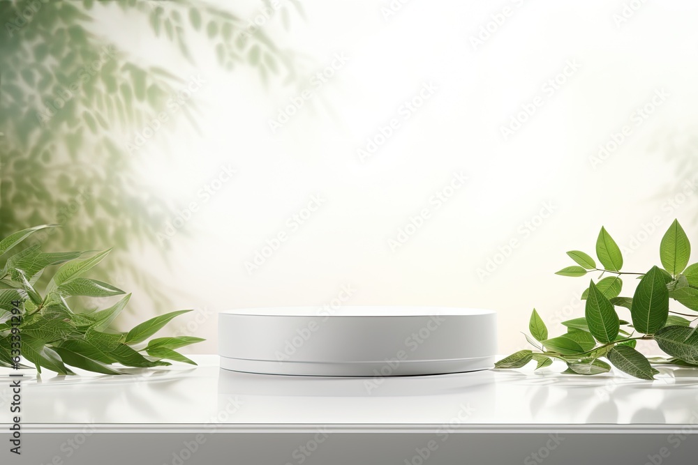 Poster a clean and empty white table tray podium is rendered in a realistic image. it is adorned with green
