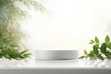 A clean and empty white table tray podium is rendered in a realistic image. It is adorned with green leaf plants, and the blowing curtains Mockup Of serene effect. The beautiful foliage leaves cast