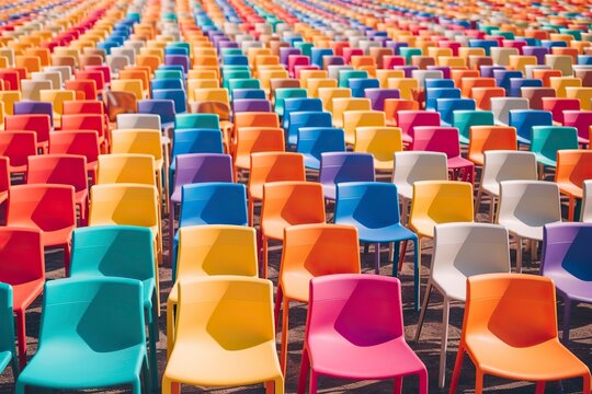 rows of vibrant and diverse plastic chairs and armchairs, creating a visually striking seating arrangement.
