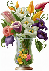 A beautiful bouquet of spring flowers stands in a glass vase on a white background. AI generated