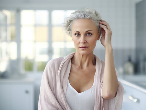 A portrait of a mature woman suffering from hair loss - alopecia theme