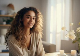 Beautiful young multiethnic woman at her luxury home. Generative AI.